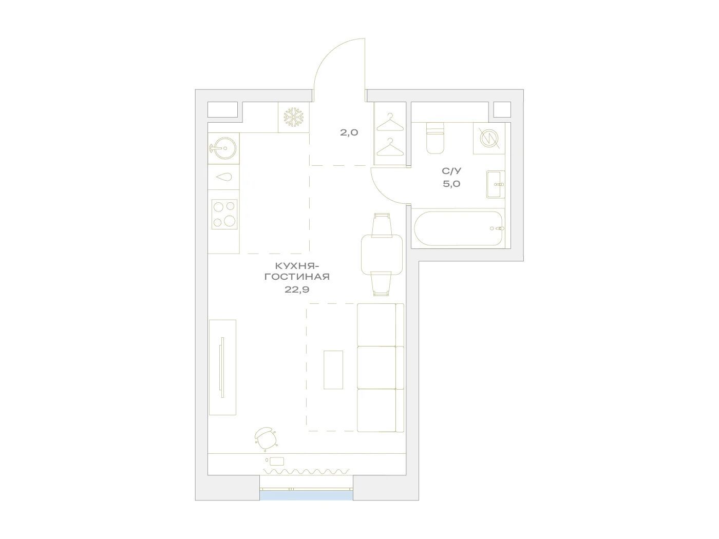 Планировка: Студия 29.90 м² в новостройке Детали