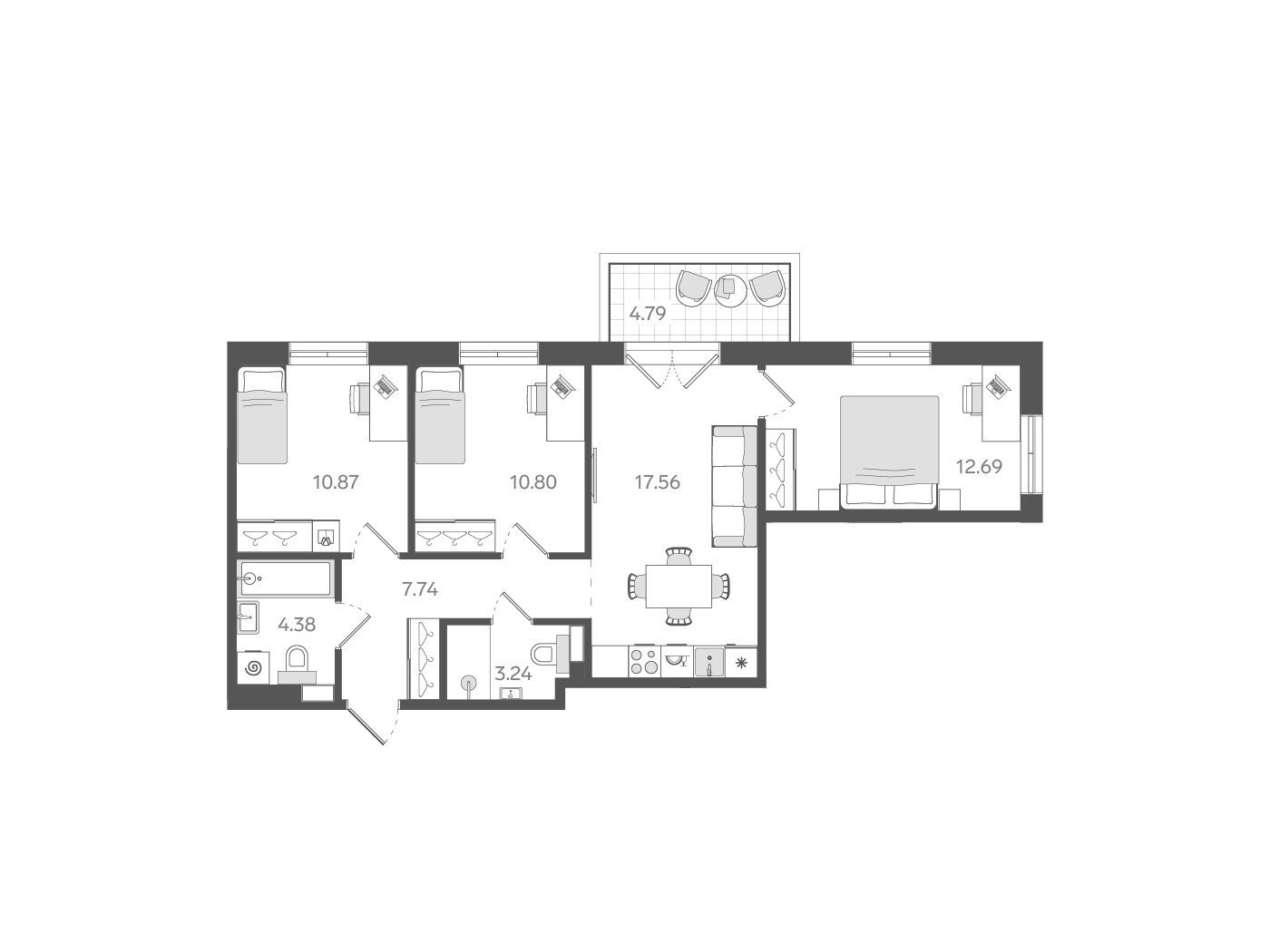 Планировка: 3-комн. квартира 68.70 м² в новостройке Ставни Обводный