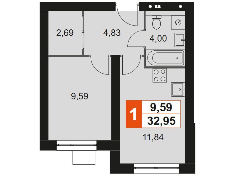 Планировка: 1-комн. квартира 32.95 м² в новостройке Мартемьяново Клаб
