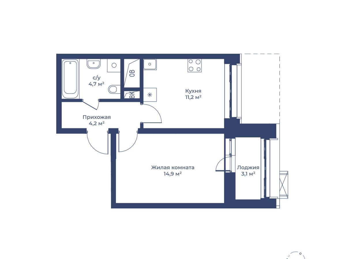 Планировка: 1-комн. квартира 36.60 м² в новостройке Цветочный Город