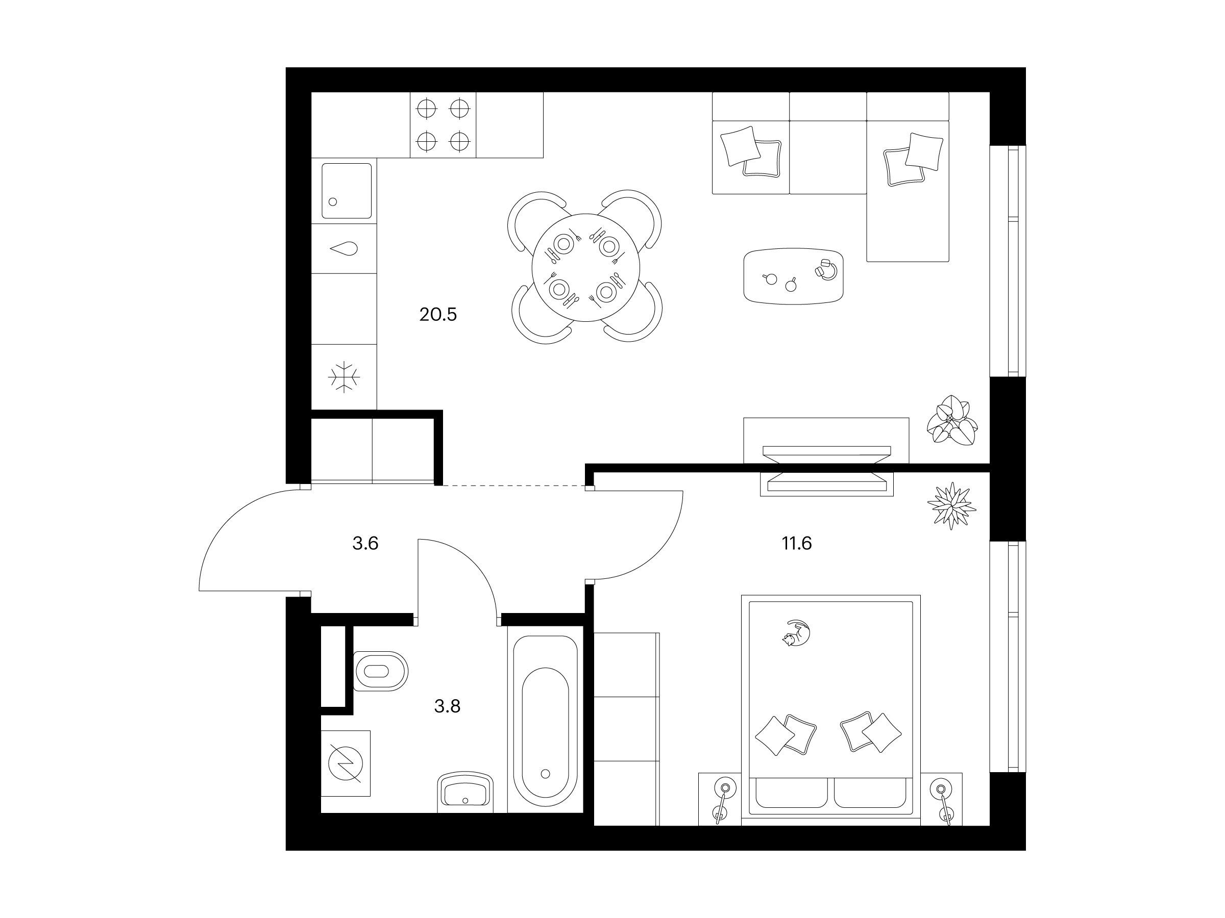 Планировка: 1-комн. квартира 39.50 м² в новостройке Бунинская набережная