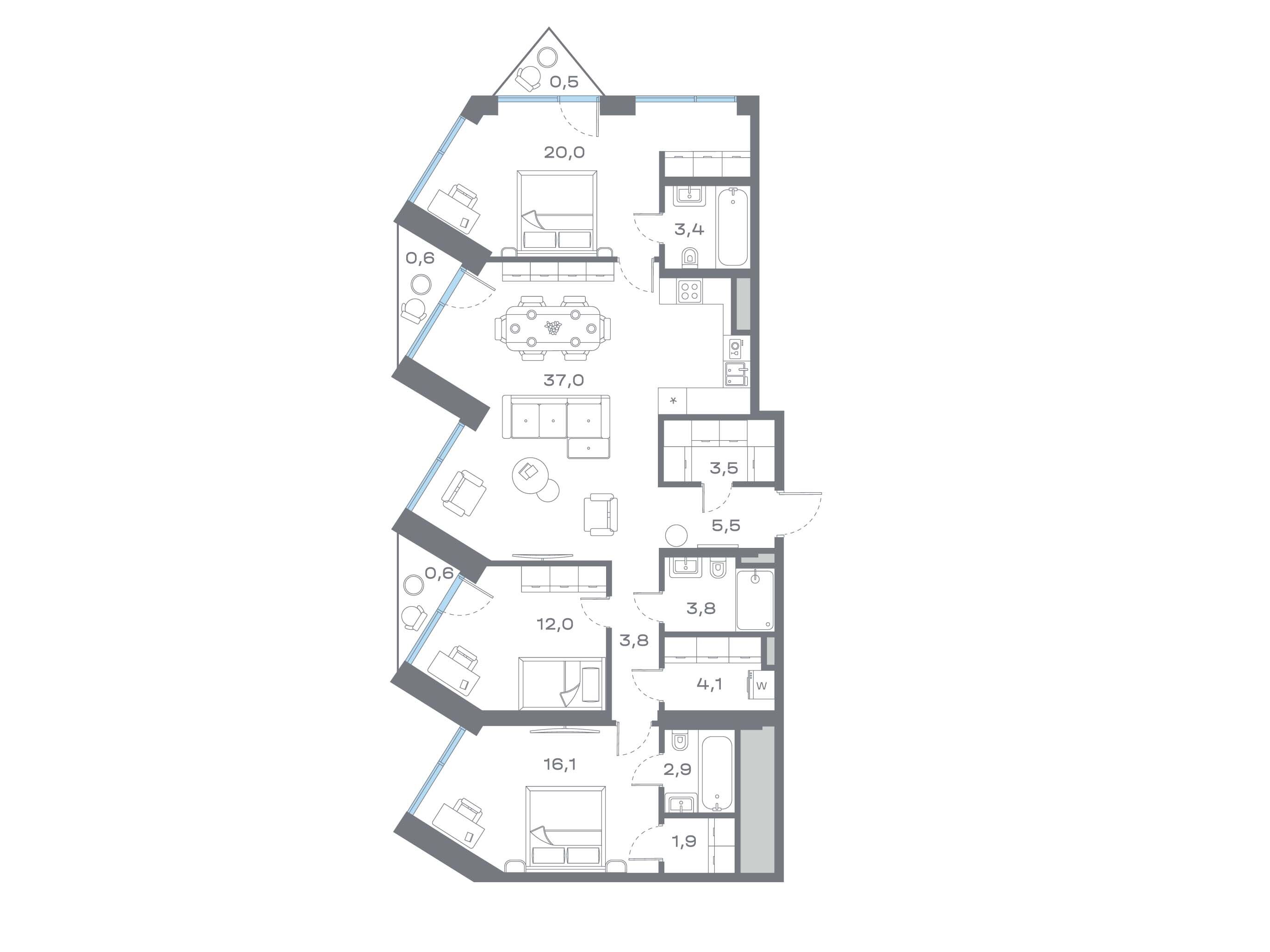 Планировка: 3-комн. квартира 115.74 м² в новостройке Дом Горизонтов