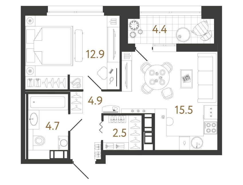 Планировка: 1-комн. квартира 40.20 м² в новостройке Куинджи