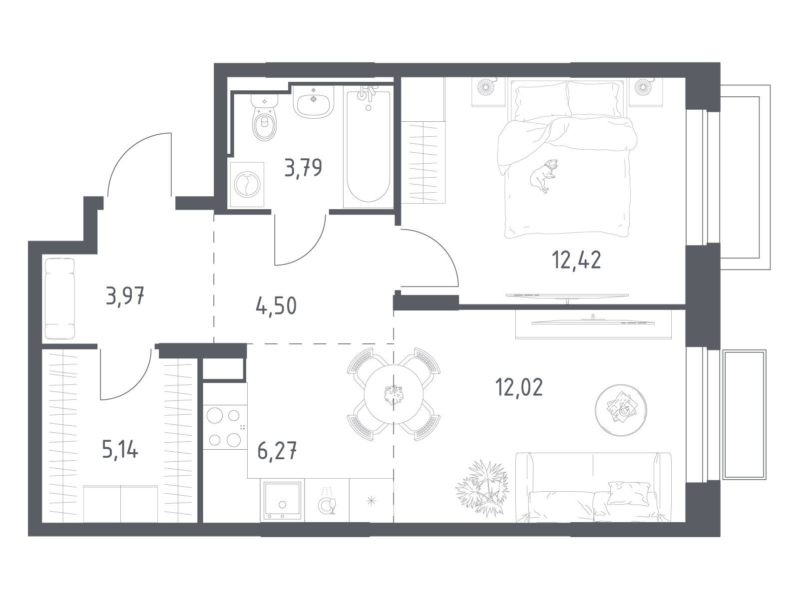 Планировка: 1-комн. квартира 48.11 м² в новостройке Долина Яузы