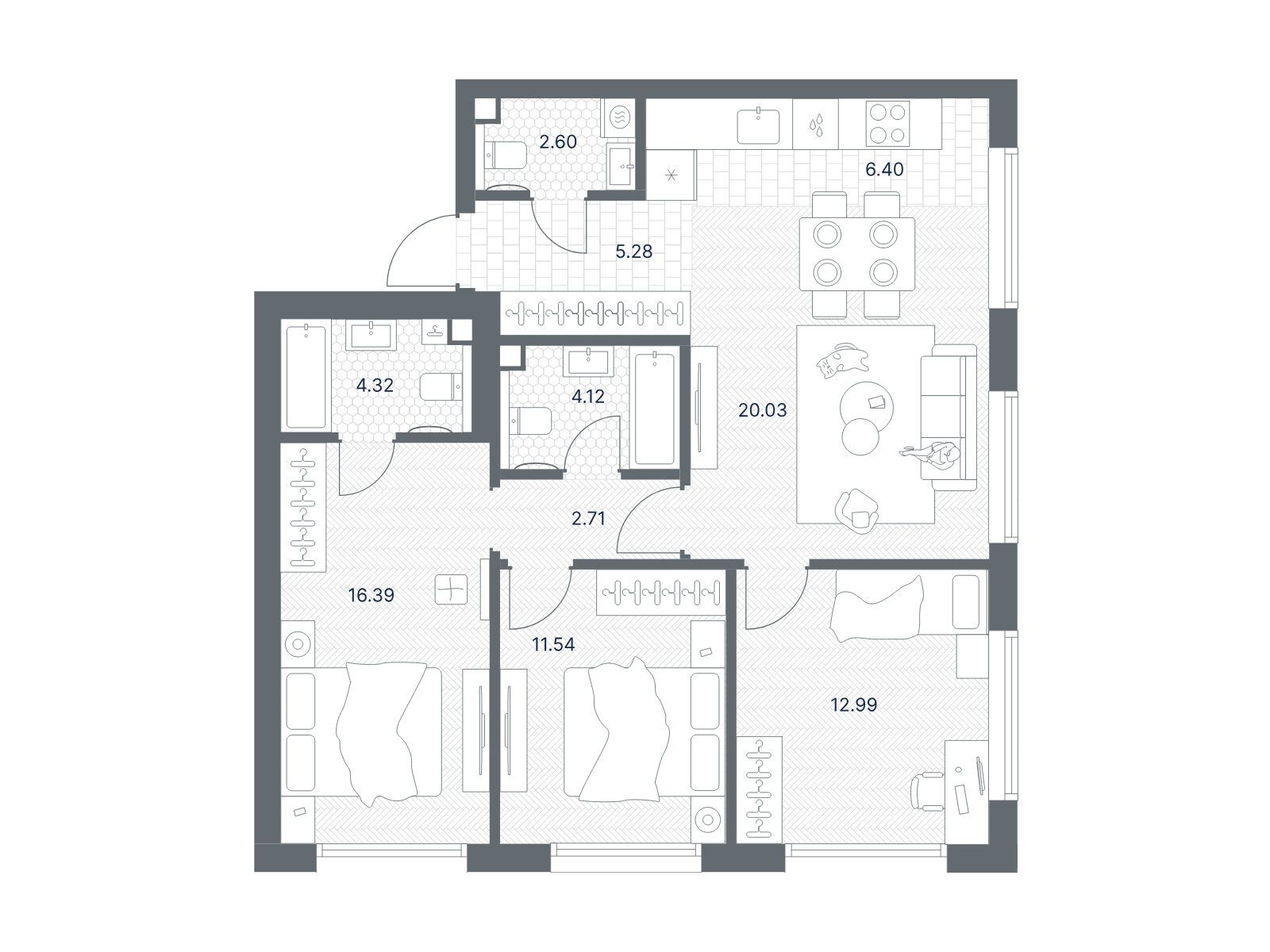 Планировка: 3-комн. квартира 86.38 м² в новостройке Тейт
