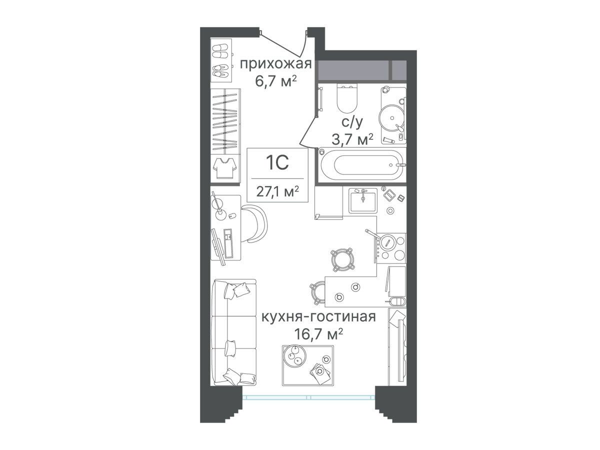 Планировка: Студия 27.10 м² в новостройке Варшавские ворота