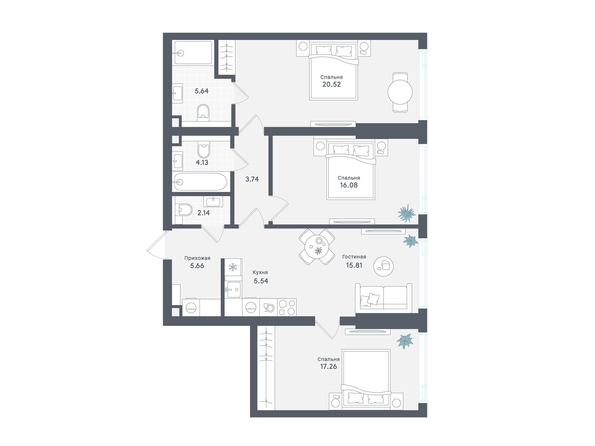 Планировка: 3-комн. квартира 96.52 м² в новостройке ЖК Солос