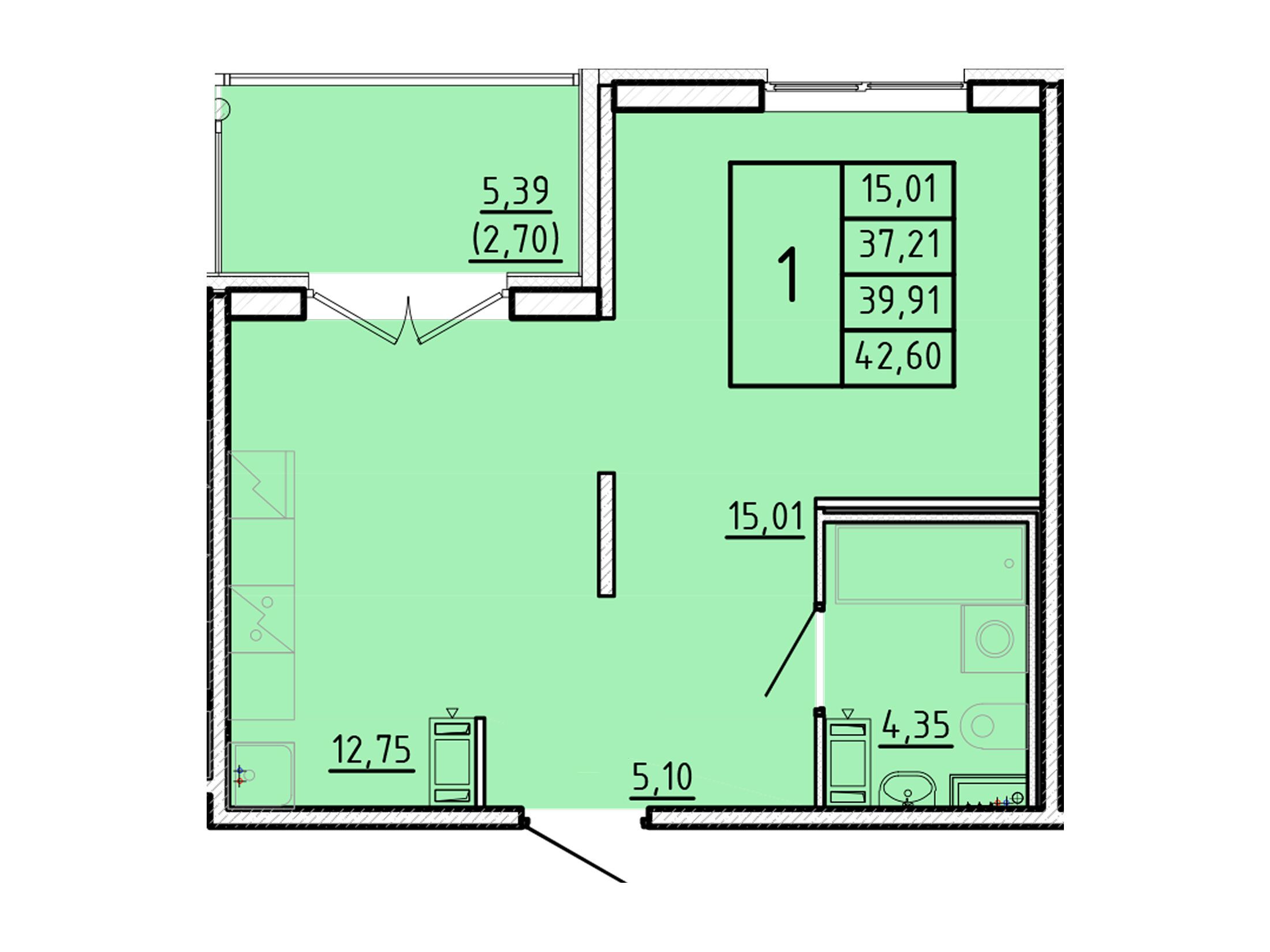 Планировка: 1-комн. квартира 37.21 м² в новостройке Образцовый квартал 16