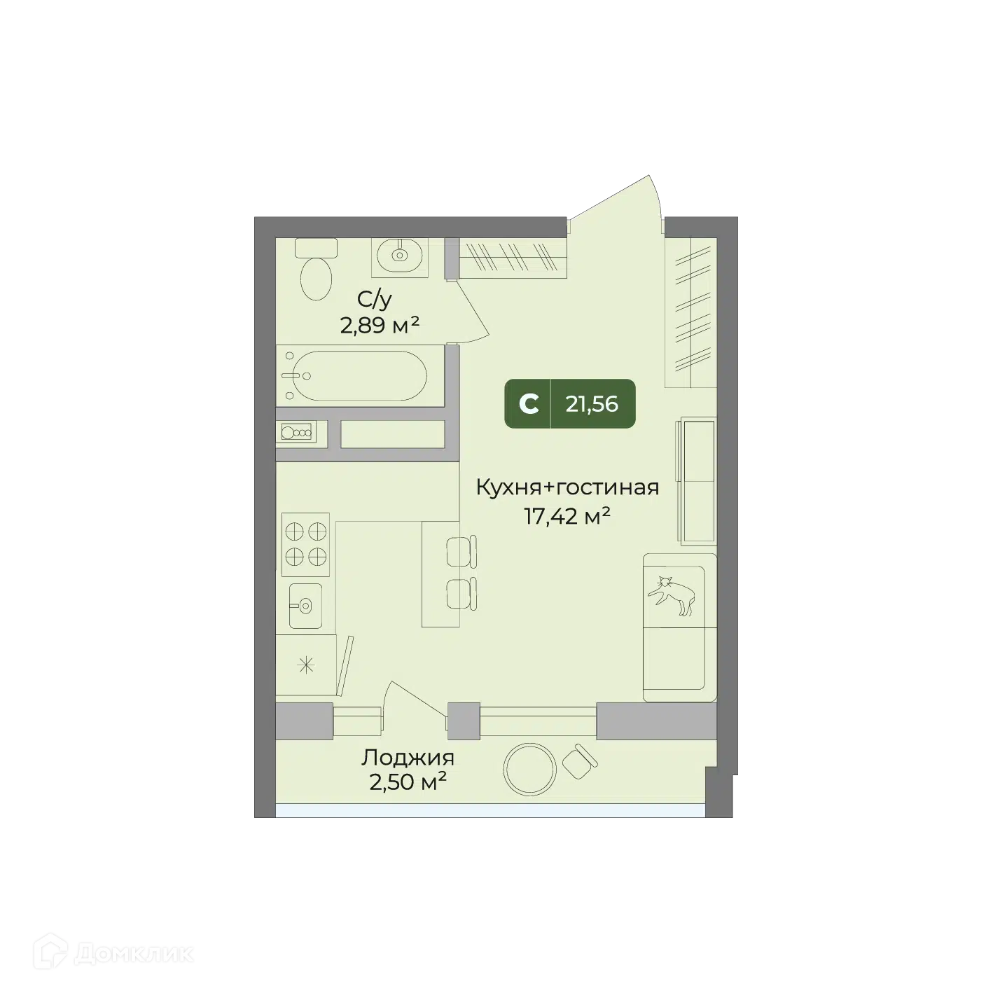 Планировка: Студия 21.56 м² в новостройке Цитрус