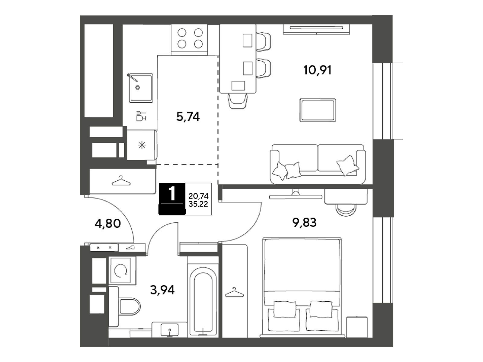 Планировка: 1-комн. квартира 35.22 м² в новостройке Публицист