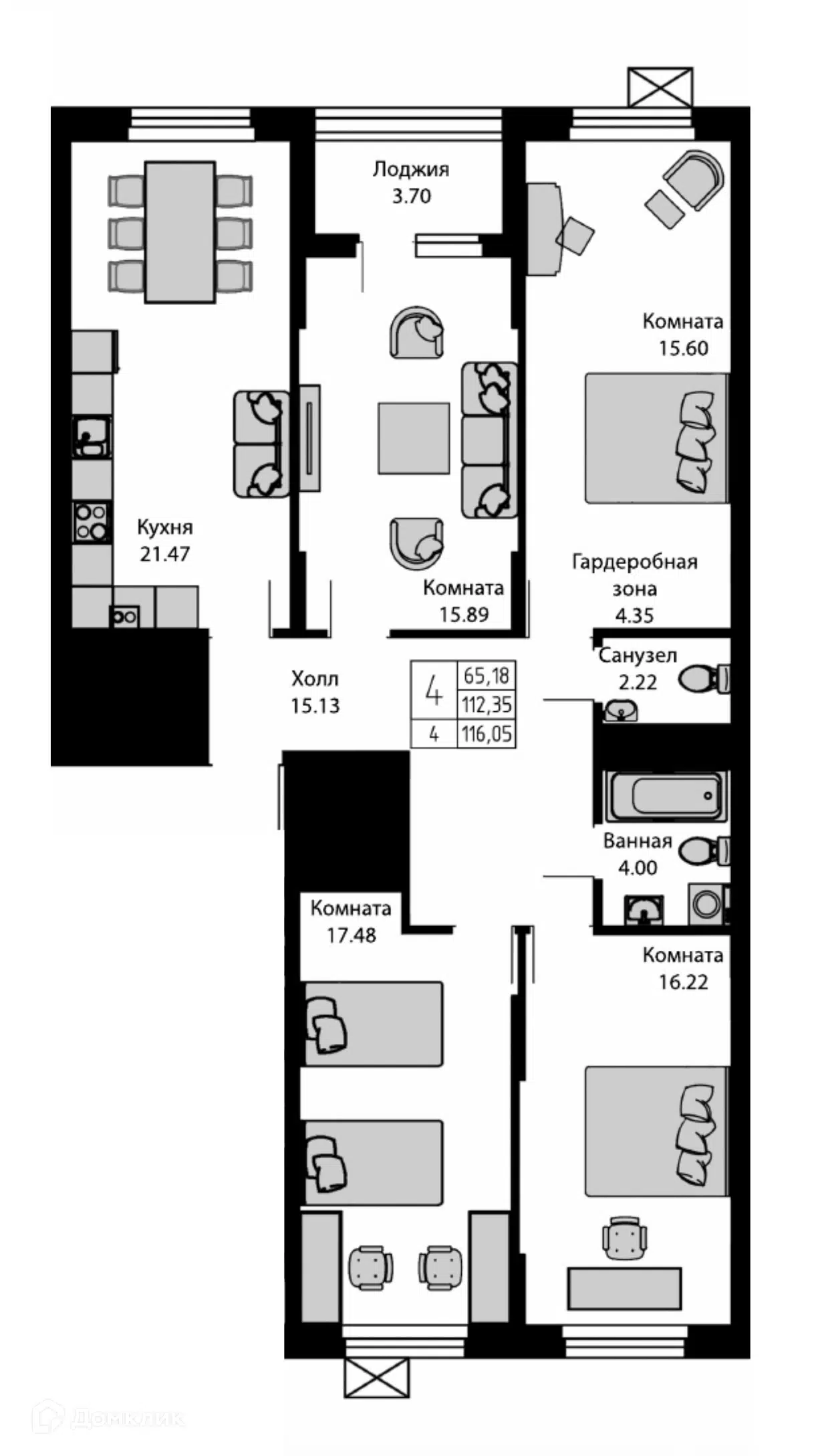 Планировка: 4-комн. квартира 116.05 м² в новостройке Ривьера