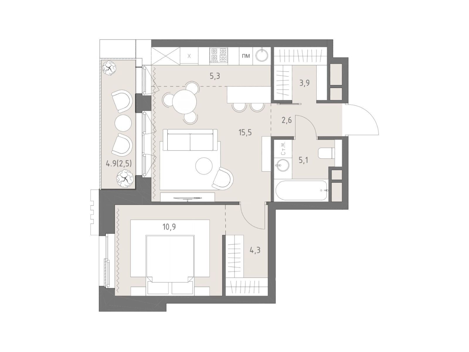 Планировка: 2-комн. квартира 50.10 м² в новостройке Родина Парк