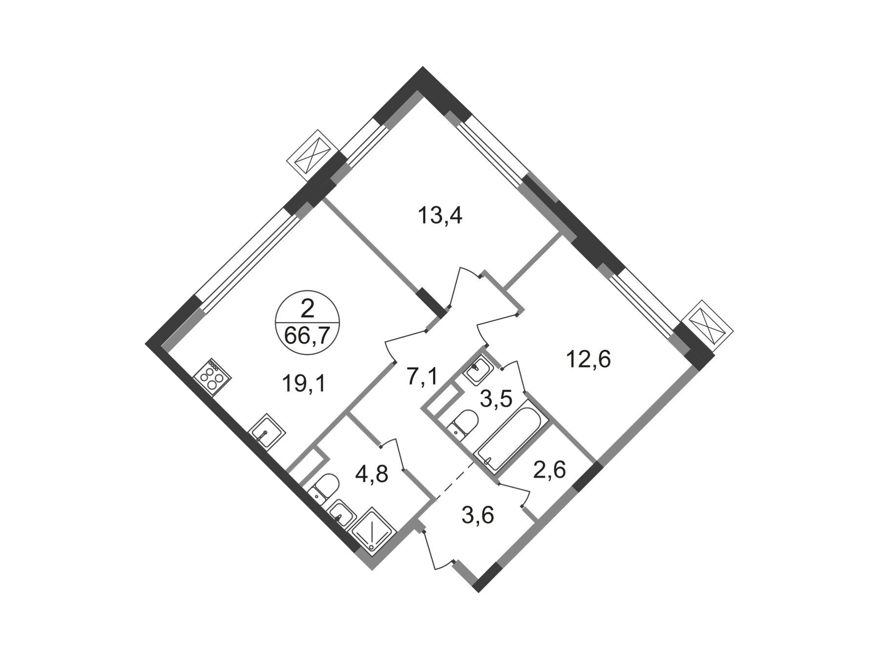 Планировка: 2-комн. квартира 66.70 м² в новостройке Резиденции Сколково