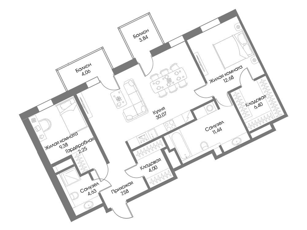 Планировка: 2-комн. квартира 90.80 м² в новостройке Резиденция Рощино