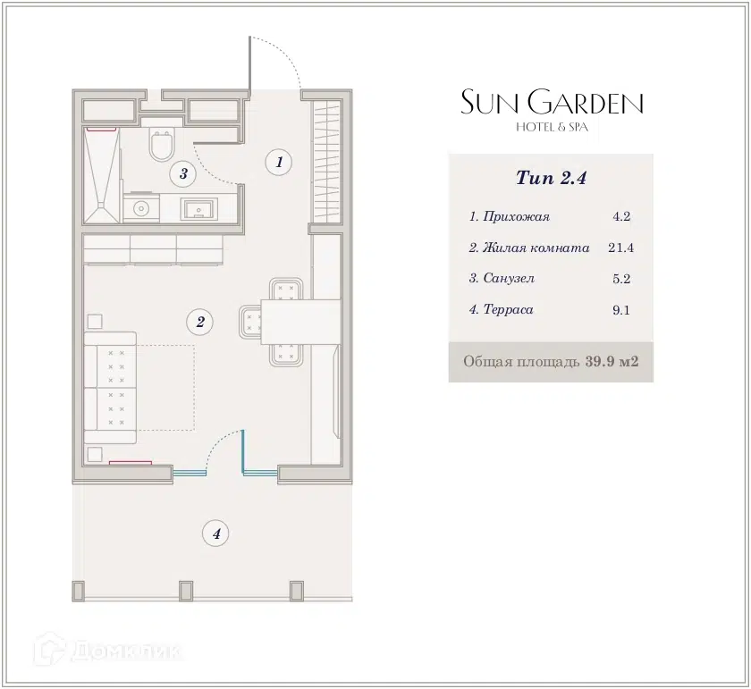 Планировка: 1-комн. квартира 39.90 м² в новостройке Сан Гарден