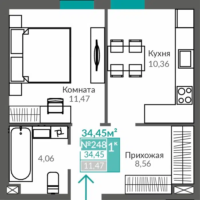 Планировка: 1-комн. квартира 34.45 м² в новостройке Абрикос