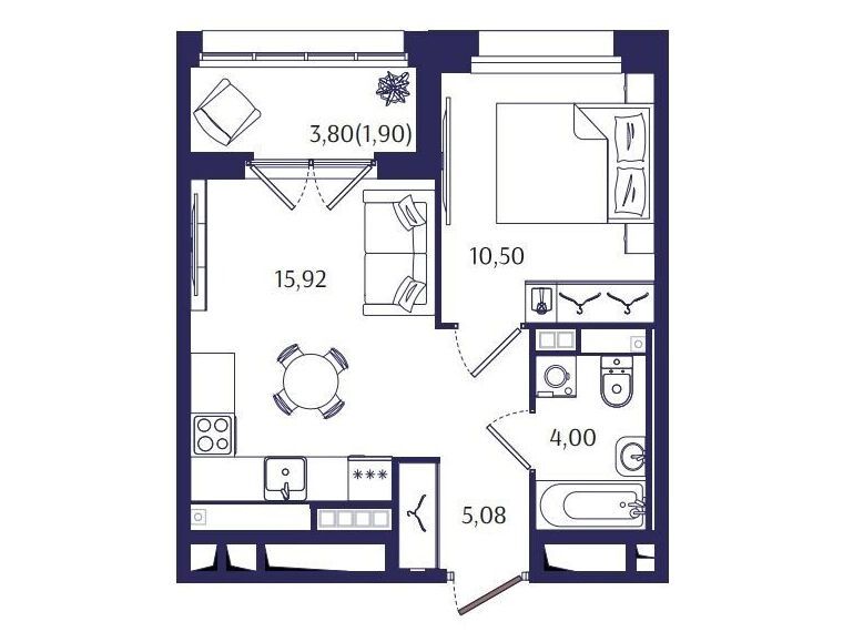 Планировка: 1-комн. квартира 37.40 м² в новостройке Ранта Резиденс