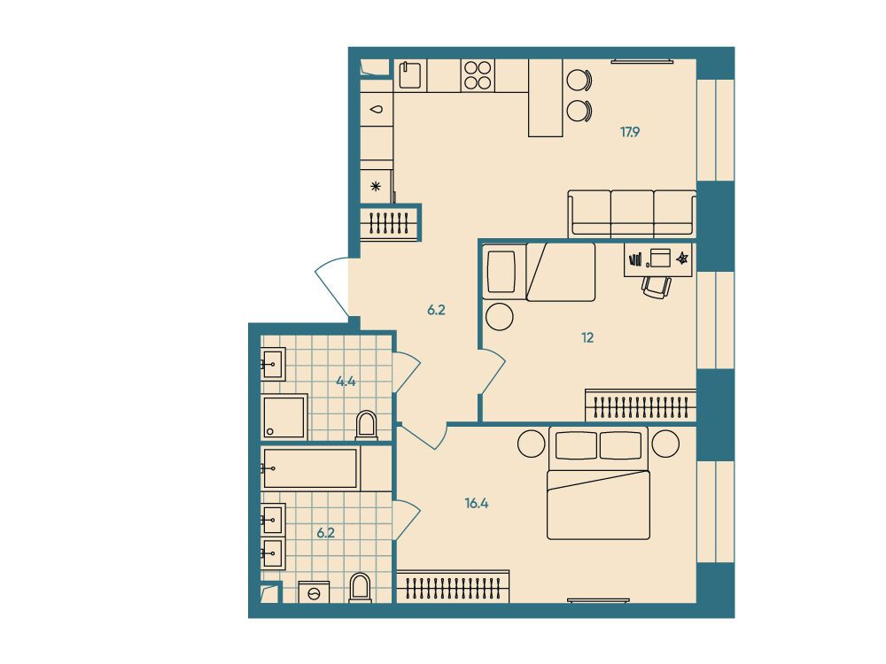 Планировка: 3-комн. квартира 63.10 м² в новостройке ЖК ЭРА