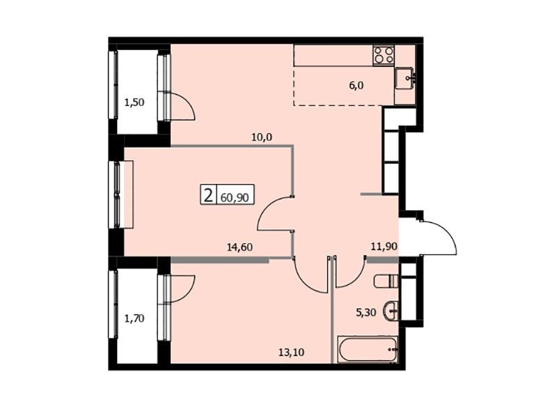 Планировка: 2-комн. квартира 60.90 м² в новостройке Селф