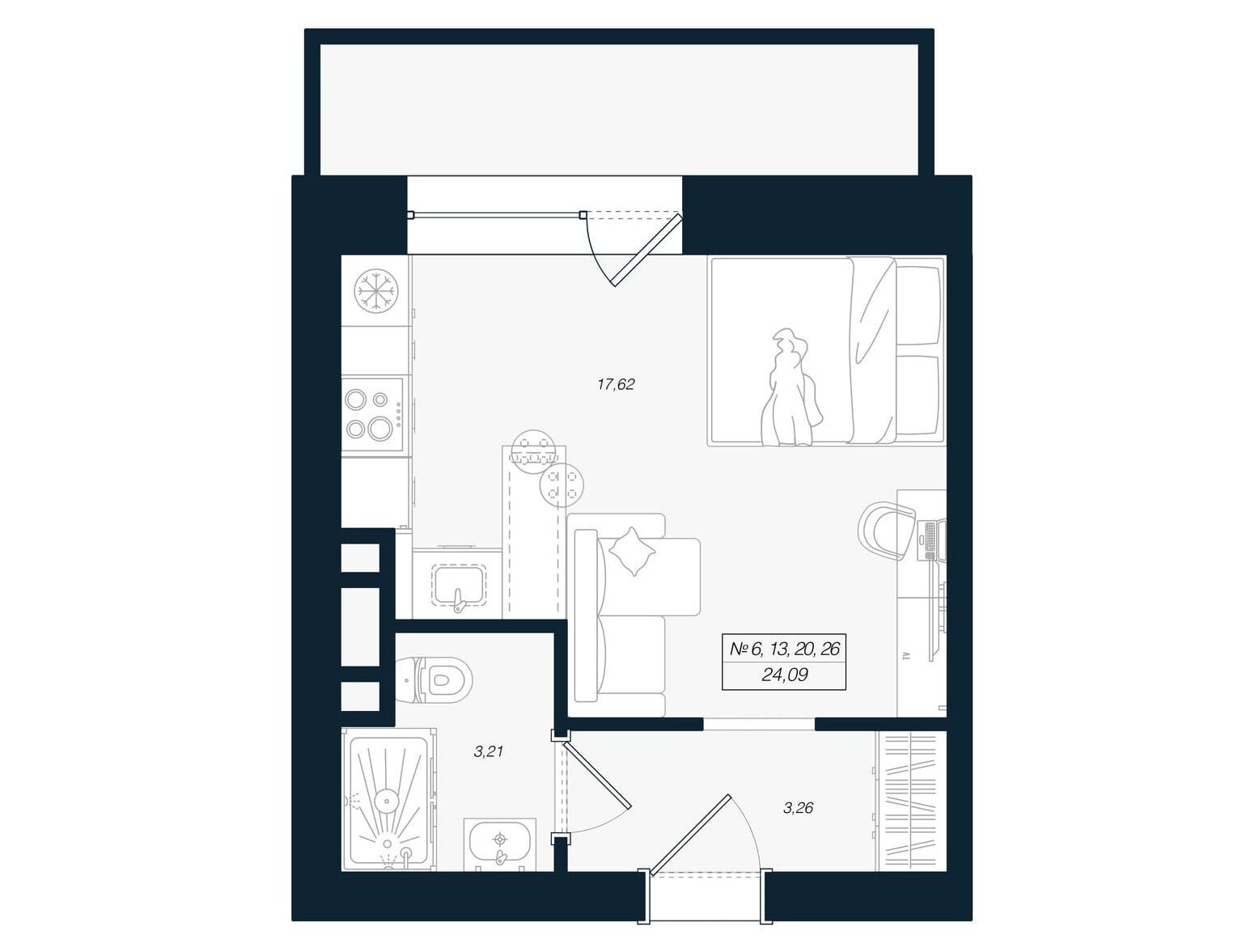 Планировка: Студия 25.68 м² в новостройке Феникс Рощино