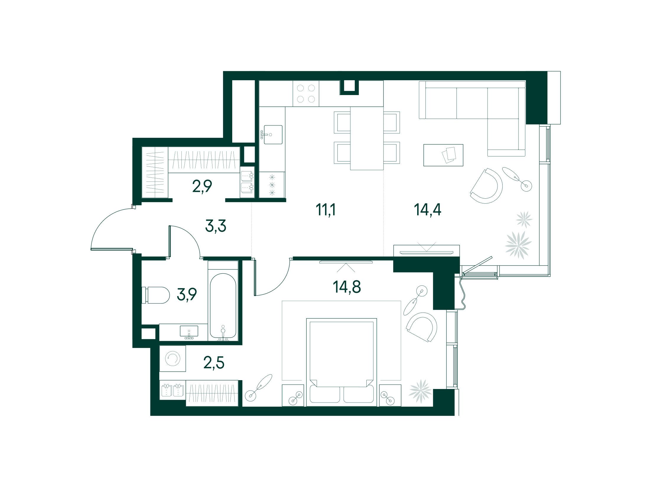 Планировка: 1-комн. квартира 52.90 м² в новостройке Примавера