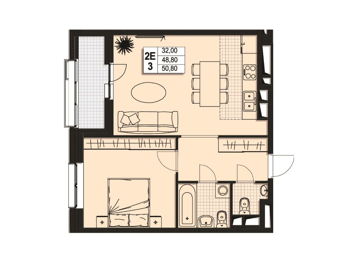 Планировка: 2-комн. квартира 48.40 м² в новостройке Атлантис