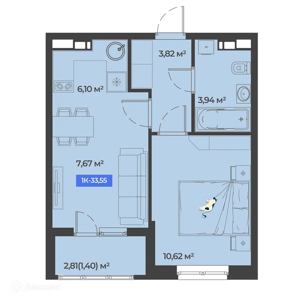 Планировка: 1-комн. квартира 33.55 м² в новостройке Соловей