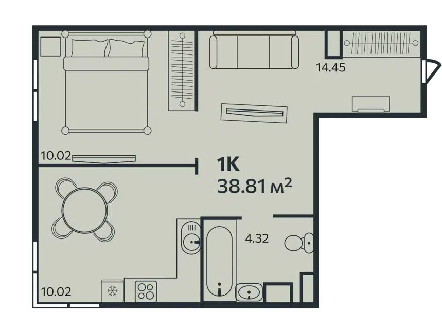 Планировка: 1-комн. квартира 38.81 м² в новостройке Эдельвейс