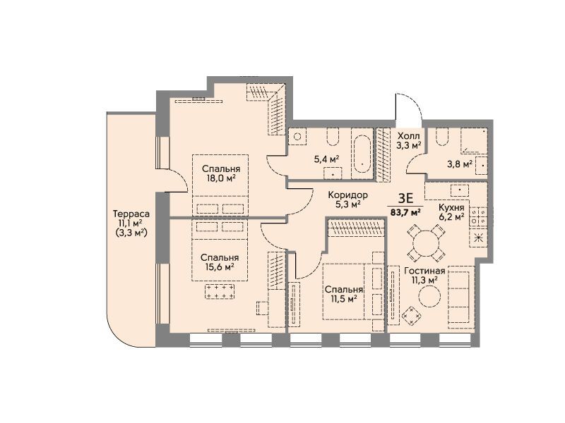 Планировка: 3-комн. квартира 83.70 м² в новостройке Сторис на Мосфильмовской