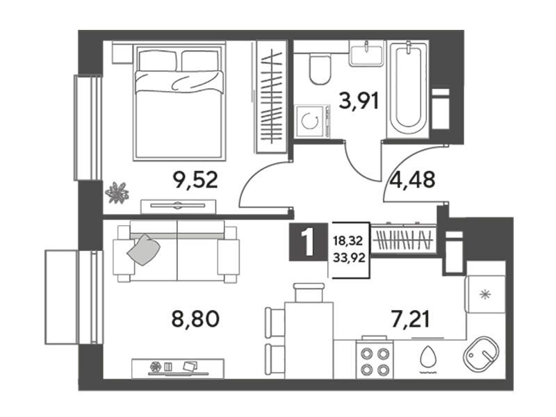 Планировка: 1-комн. квартира 33.92 м² в новостройке ЖК Публицист