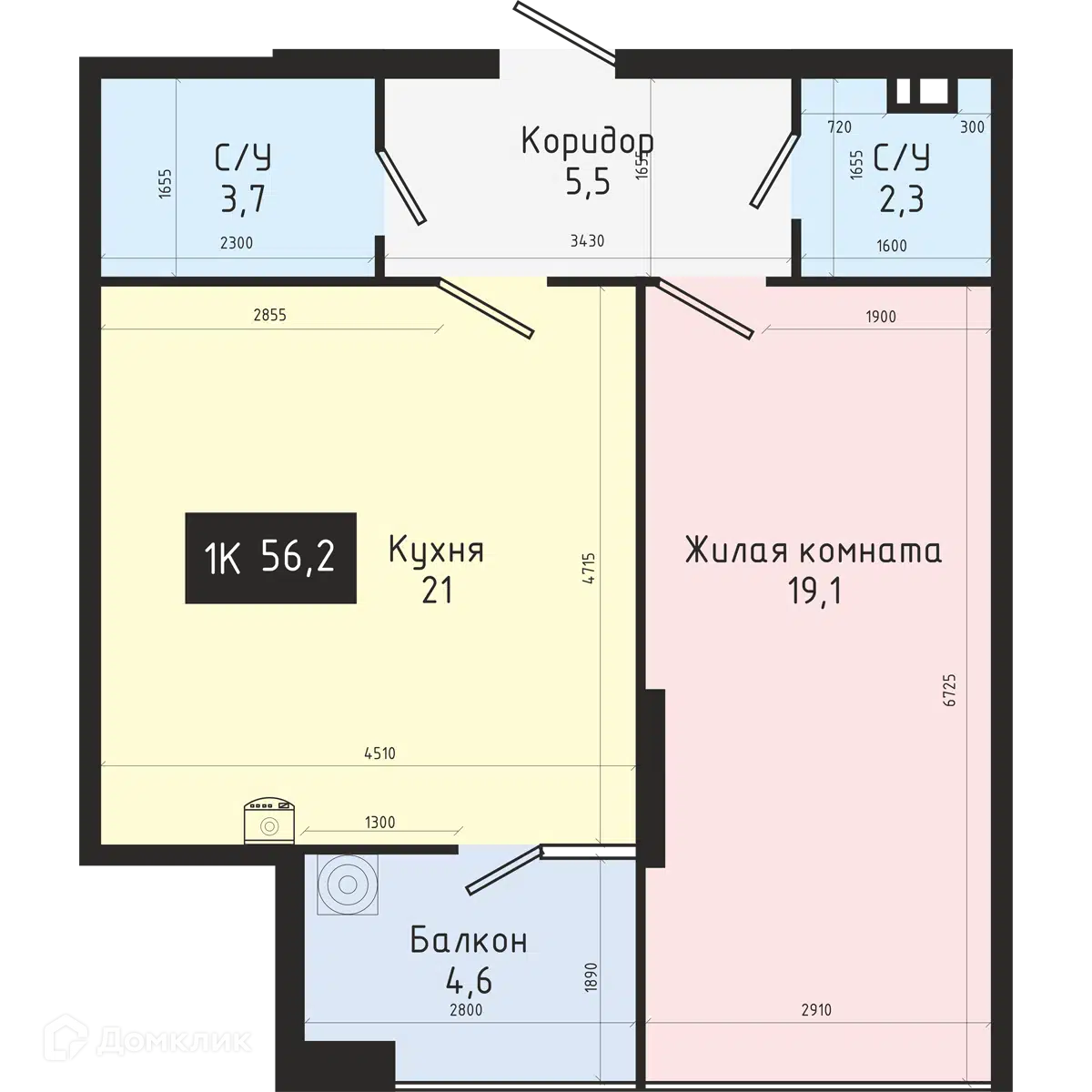 Планировка: 1-комн. квартира 56.20 м² в новостройке Доваторцев 42Б