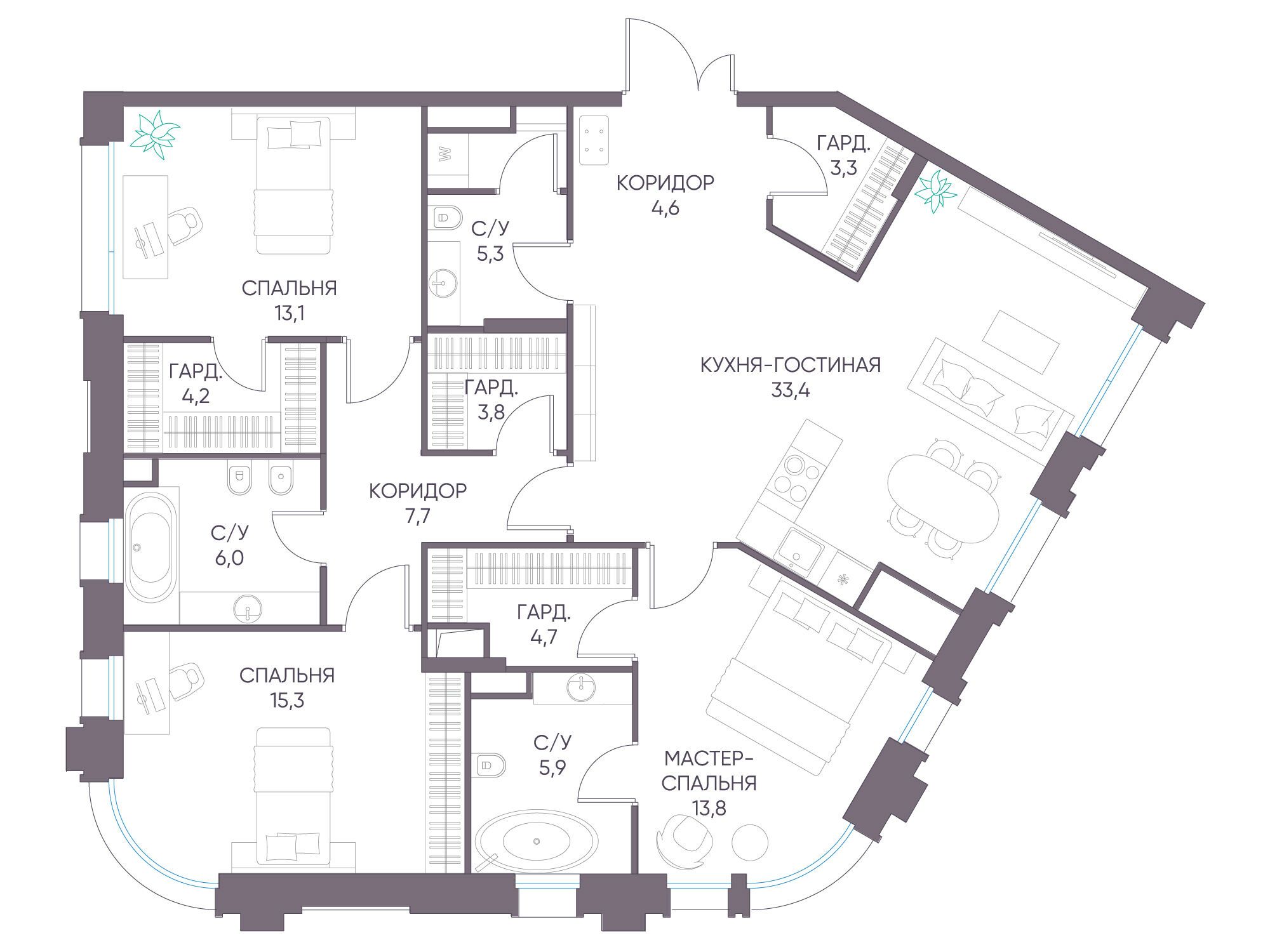 Планировка: 3-комн. квартира 121.10 м² в новостройке Дом XXII