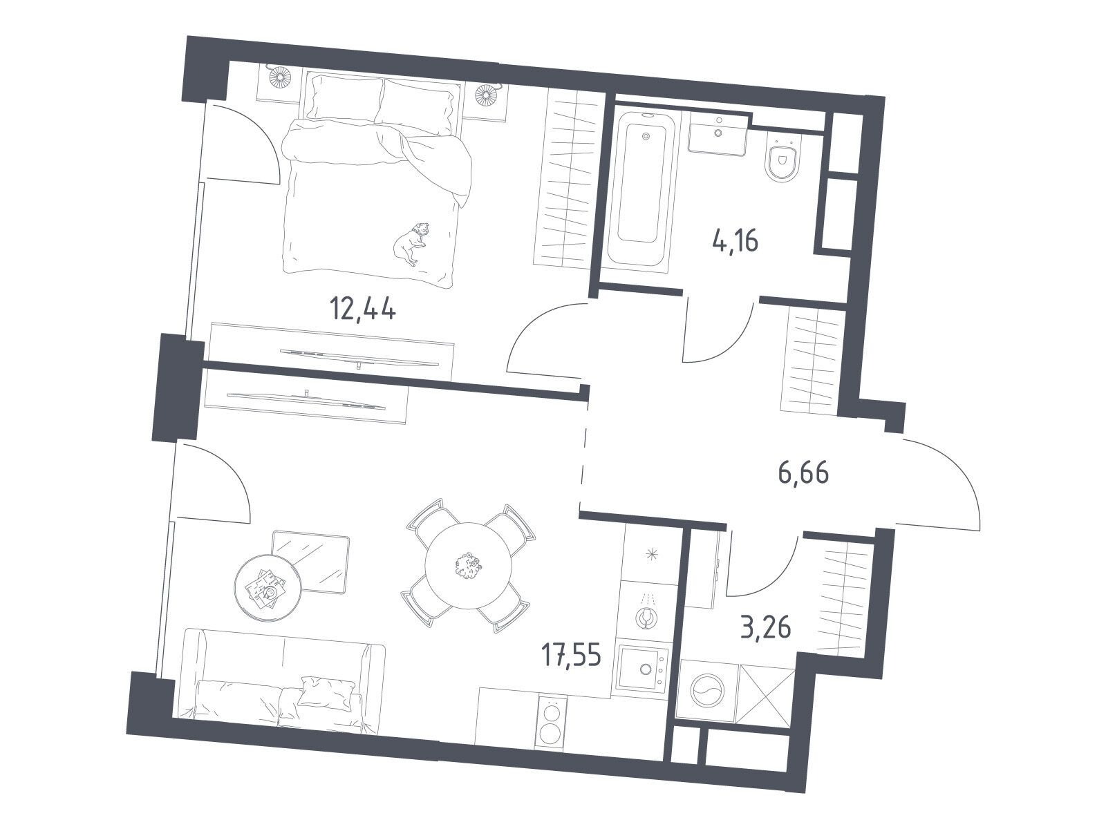 Планировка: 1-комн. квартира 44.07 м² в новостройке Квартал на воде