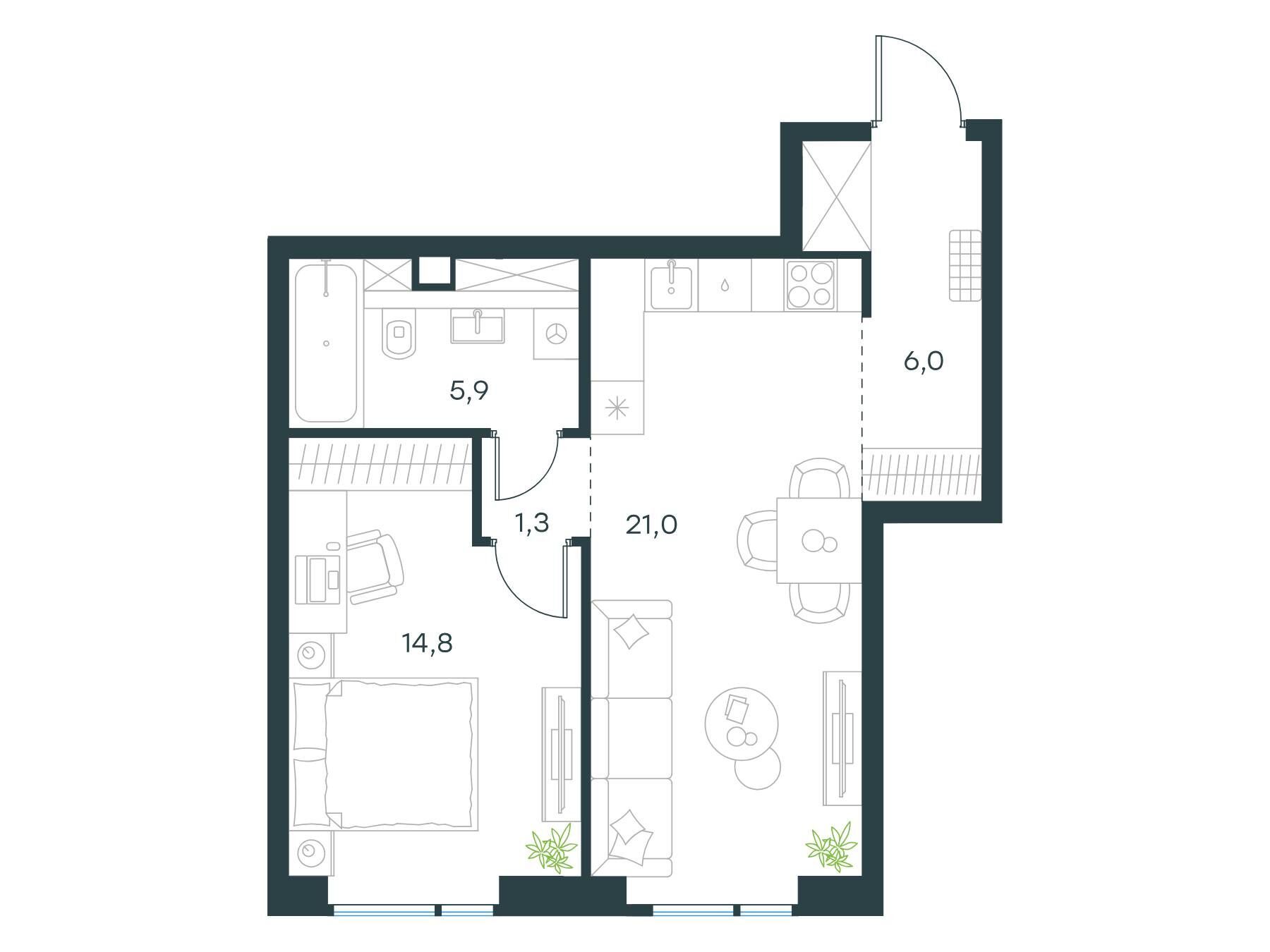 Планировка: 1-комн. квартира 49.00 м² в новостройке Левел Войковская