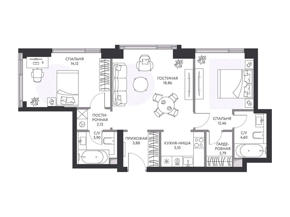 Планировка: 2-комн. квартира 68.70 м² в новостройке Хайд
