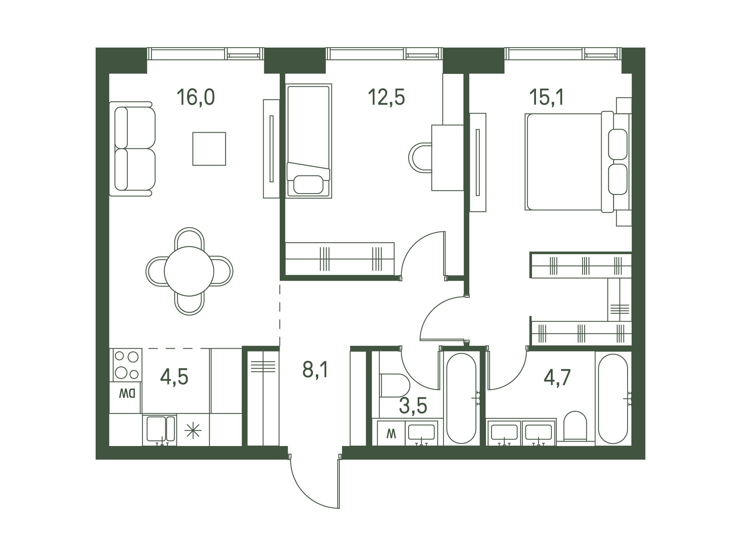 Планировка: 2-комн. квартира 64.40 м² в новостройке ЖК Моментс