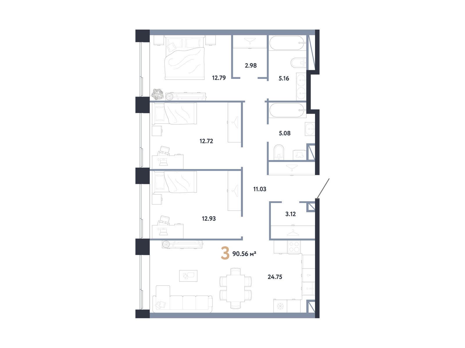 Планировка: 3-комн. квартира 90.56 м² в новостройке Репаблик