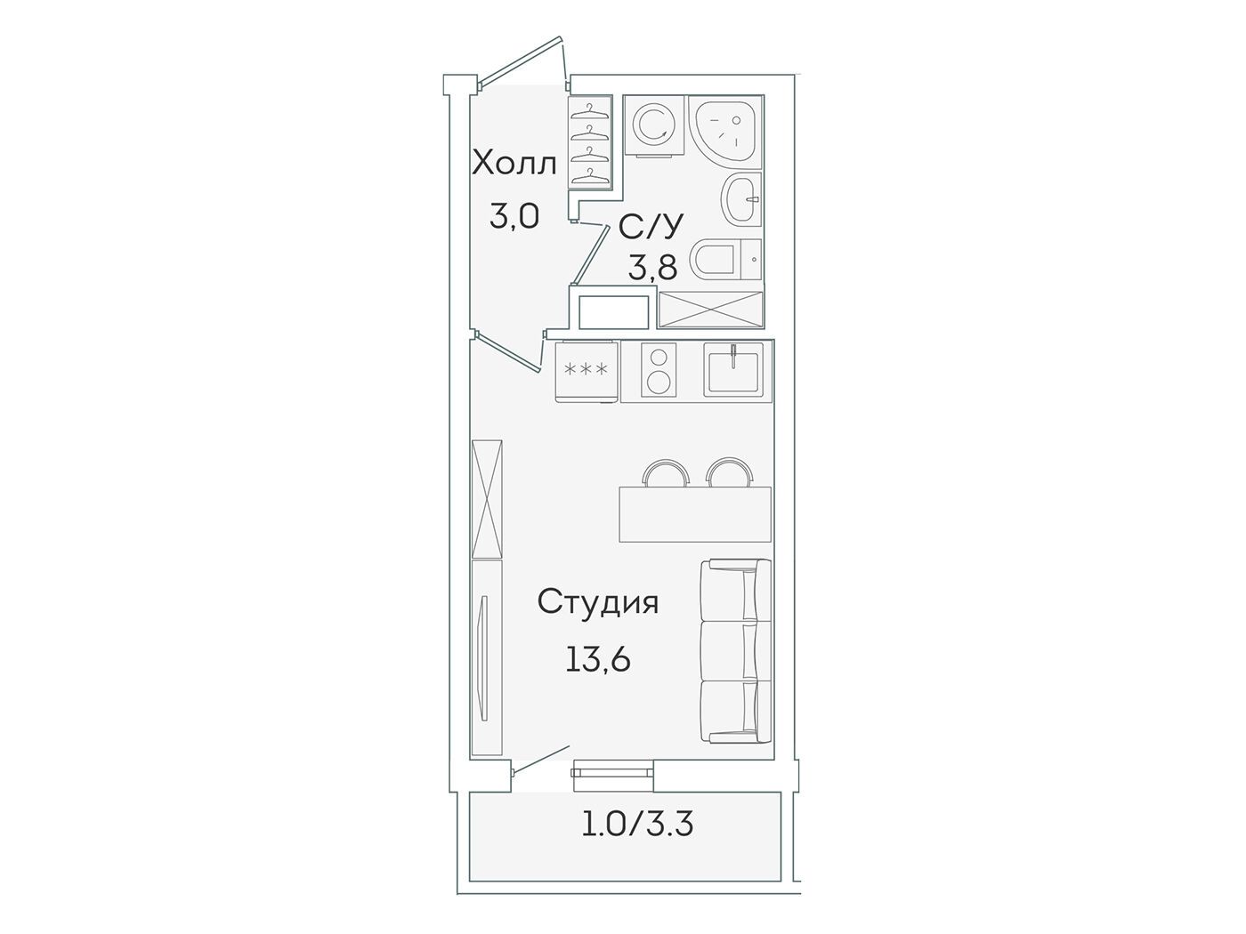Планировка: Студия 20.40 м² в новостройке Лампо