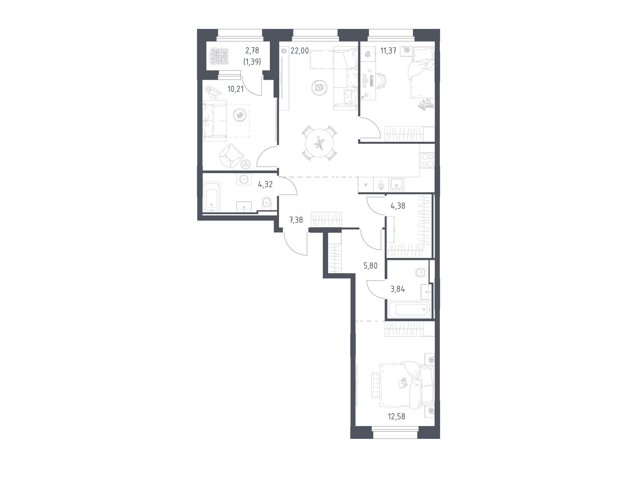 Планировка: 3-комн. квартира 83.27 м² в новостройке Заречье Парк