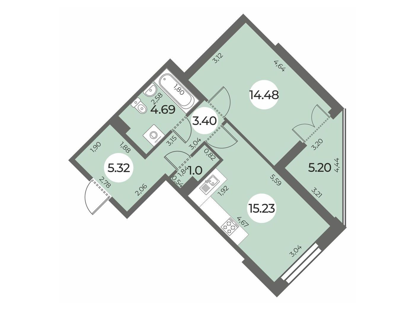 Планировка: 1-комн. квартира 46.72 м² в новостройке Огни Залива