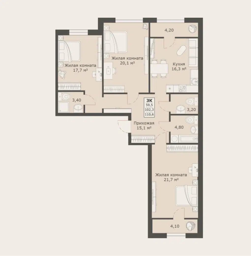 Планировка: 3-комн. квартира 110.60 м² в новостройке Моне