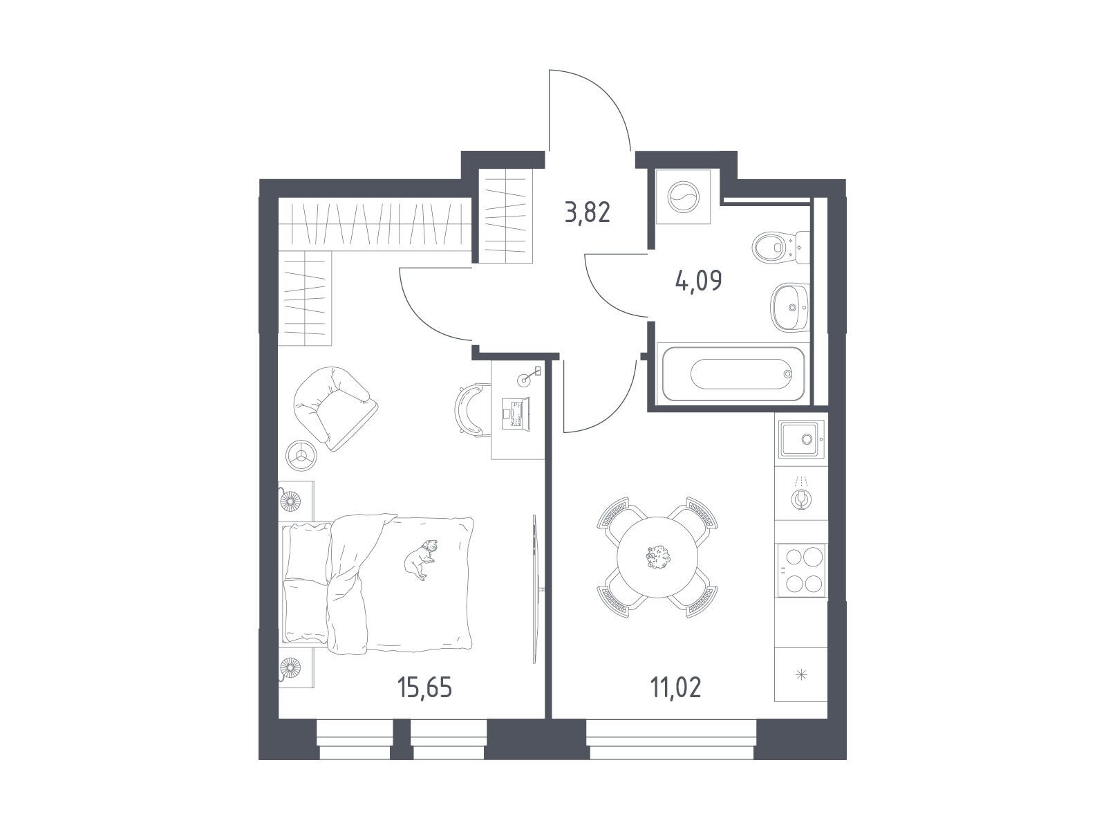 Планировка: 1-комн. квартира 34.58 м² в новостройке Квартал Ивакино