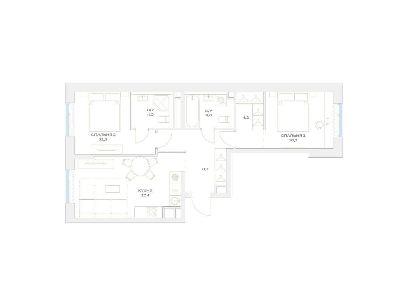 Планировка: 2-комн. квартира 60.90 м² в новостройке Детали