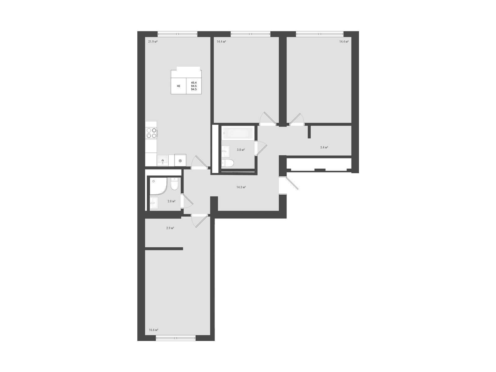 Планировка: 4-комн. квартира 94.50 м² в новостройке Яковлево