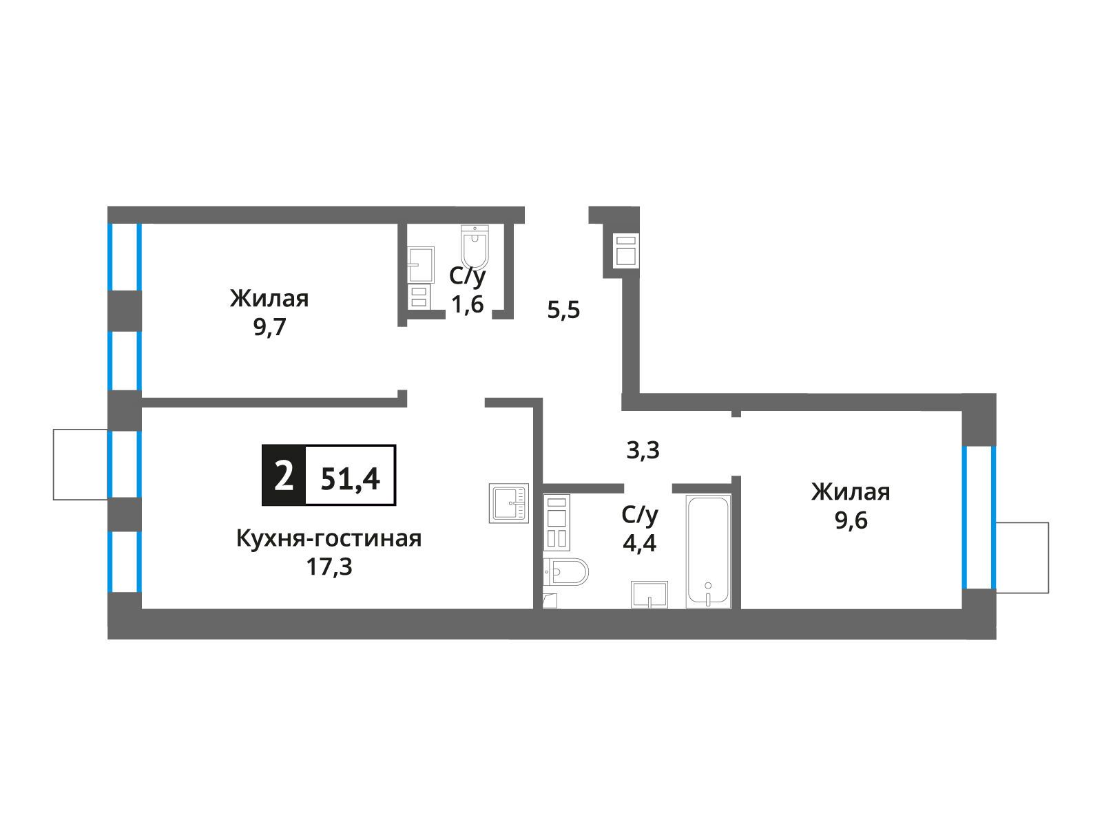 Планировка: 2-комн. квартира 51.40 м² в новостройке Никольский квартал Отрада