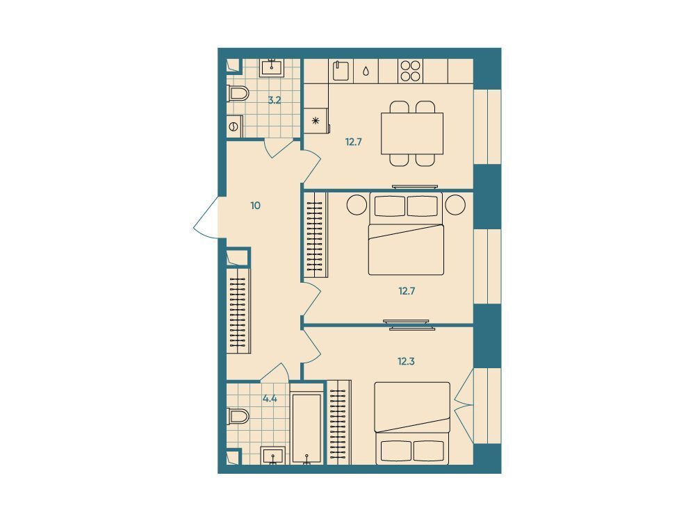 Планировка: 2-комн. квартира 55.70 м² в новостройке Эра