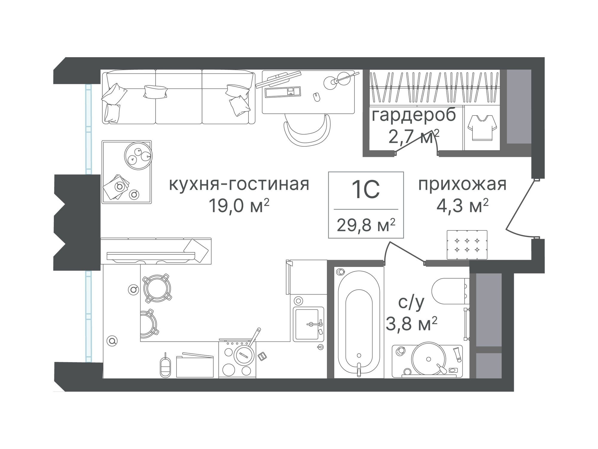 Планировка: Студия 29.70 м² в новостройке Варшавские ворота