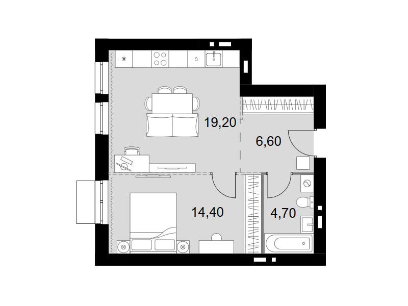 Планировка: 2-комн. квартира 44.90 м² в новостройке Апрелевка Клаб