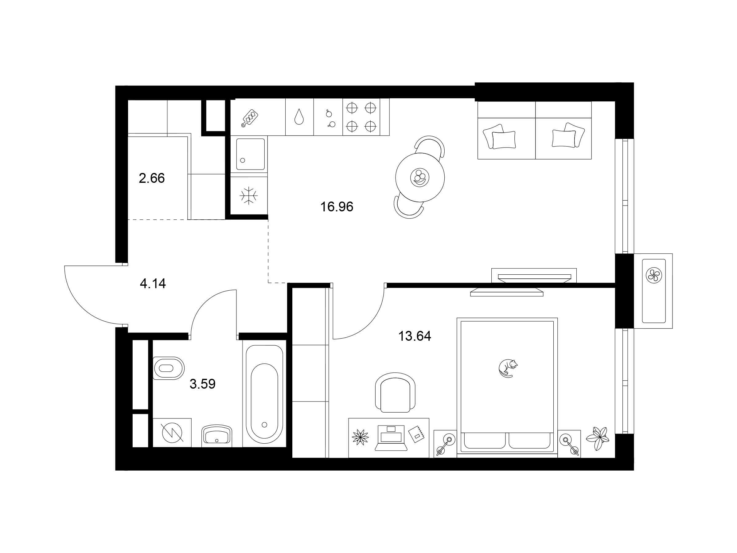 Планировка: 1-комн. квартира 40.99 м² в новостройке Квартал Мит