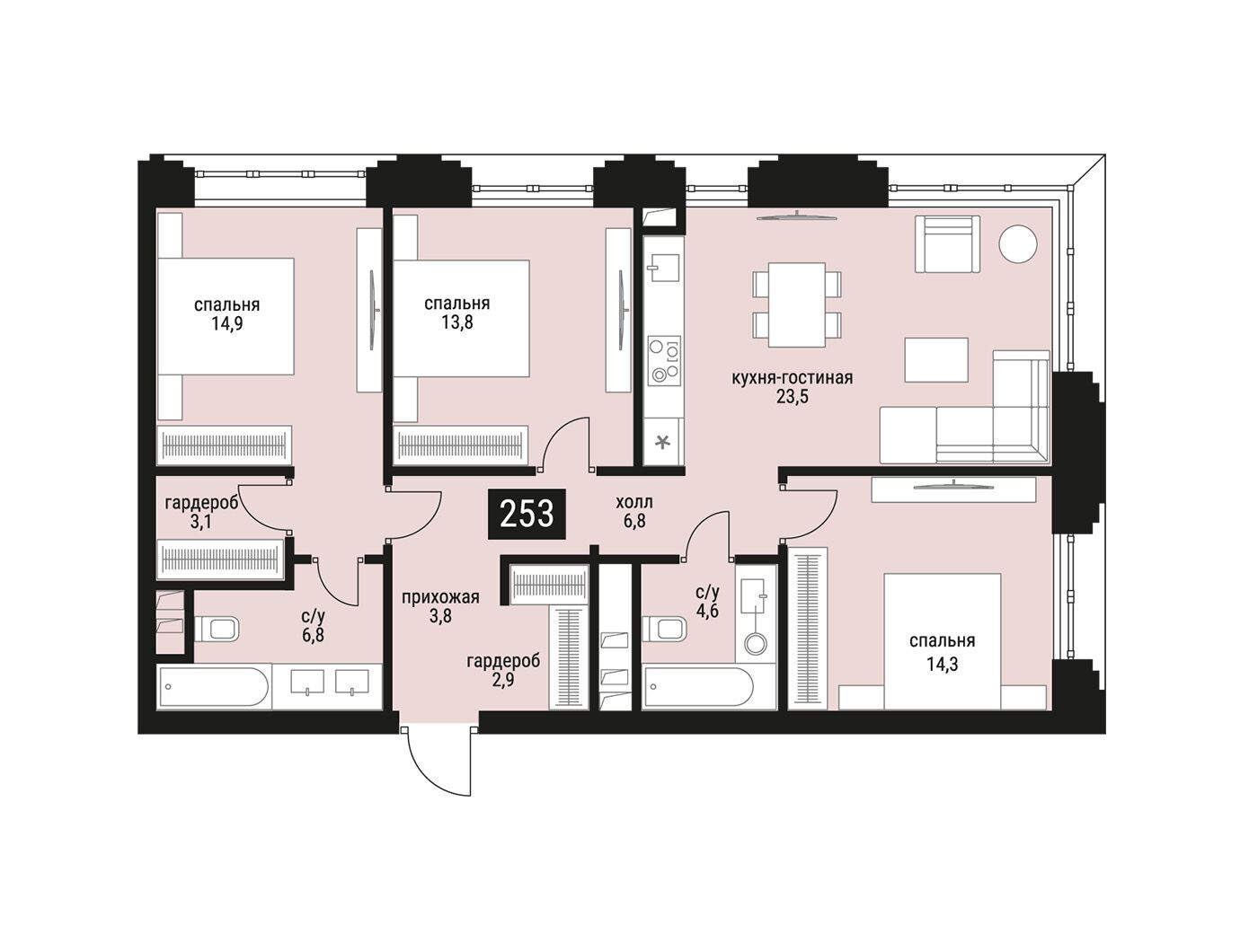 Планировка: 3-комн. квартира 93.90 м² в новостройке ЖК Шелепиха